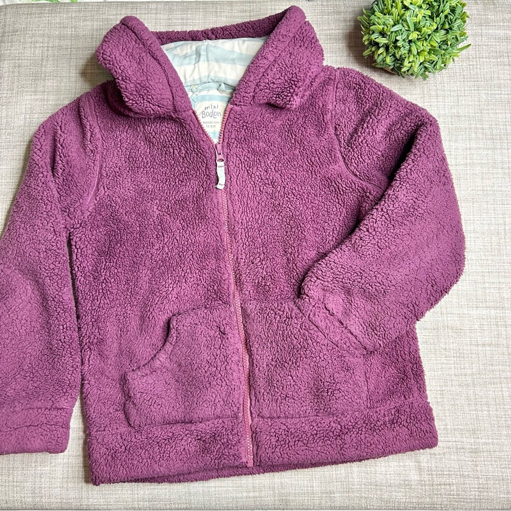 Mini Boden Sherpa full zip jacket, mulberry color, jersey lined hood